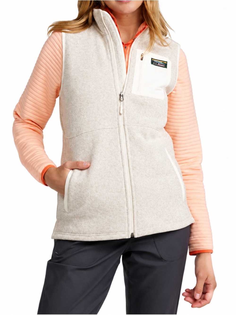 L.L.Bean Women’s XL Petite Sweater Fleece Long Vest Oatmeal Sailcloth Full Zip